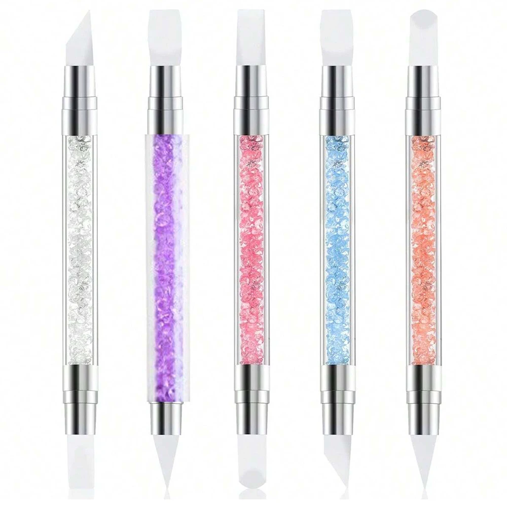 5pcs Set Dual-Ended Silicone Head Carving Dotting Pen Nail Art Silicone Sculpture Pen Brushes Rhinestone Crystal Handle Tool