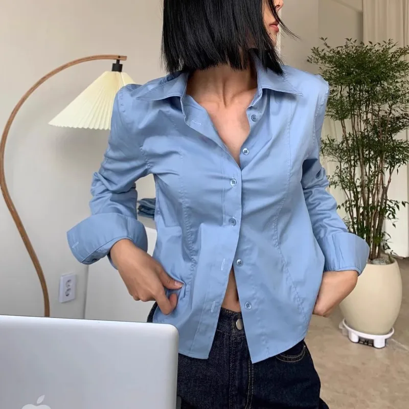 Vintage Turn Down Collar Solid Color All-match Long-sleeved Shirt Women 2025 Autumn New Korean Single-breasted Slim Casual Tops