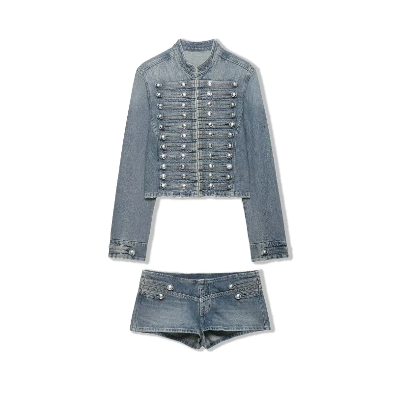 

2026 New Women Denim 2 Piece Set Streetwear Button Decorated Stand Collar Cropped Jacket + Low Waist Shorts Y2K Outfi