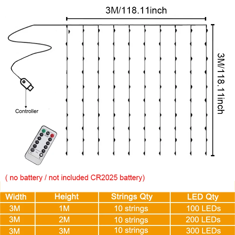 3M USB Curtain String Lights 8 Modes Fairy Light Christmas Tree Garland Light Party Home Bedroom Holiday Wedding Decoration