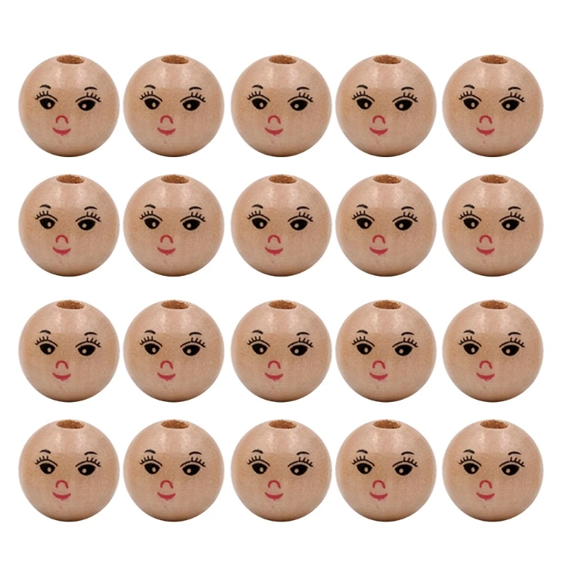 20Pcs/lot Smiling Face Wooden Head Beads DIY Children\'s Bead Accessories Jewelry Bangle Neckchain Making Supplies