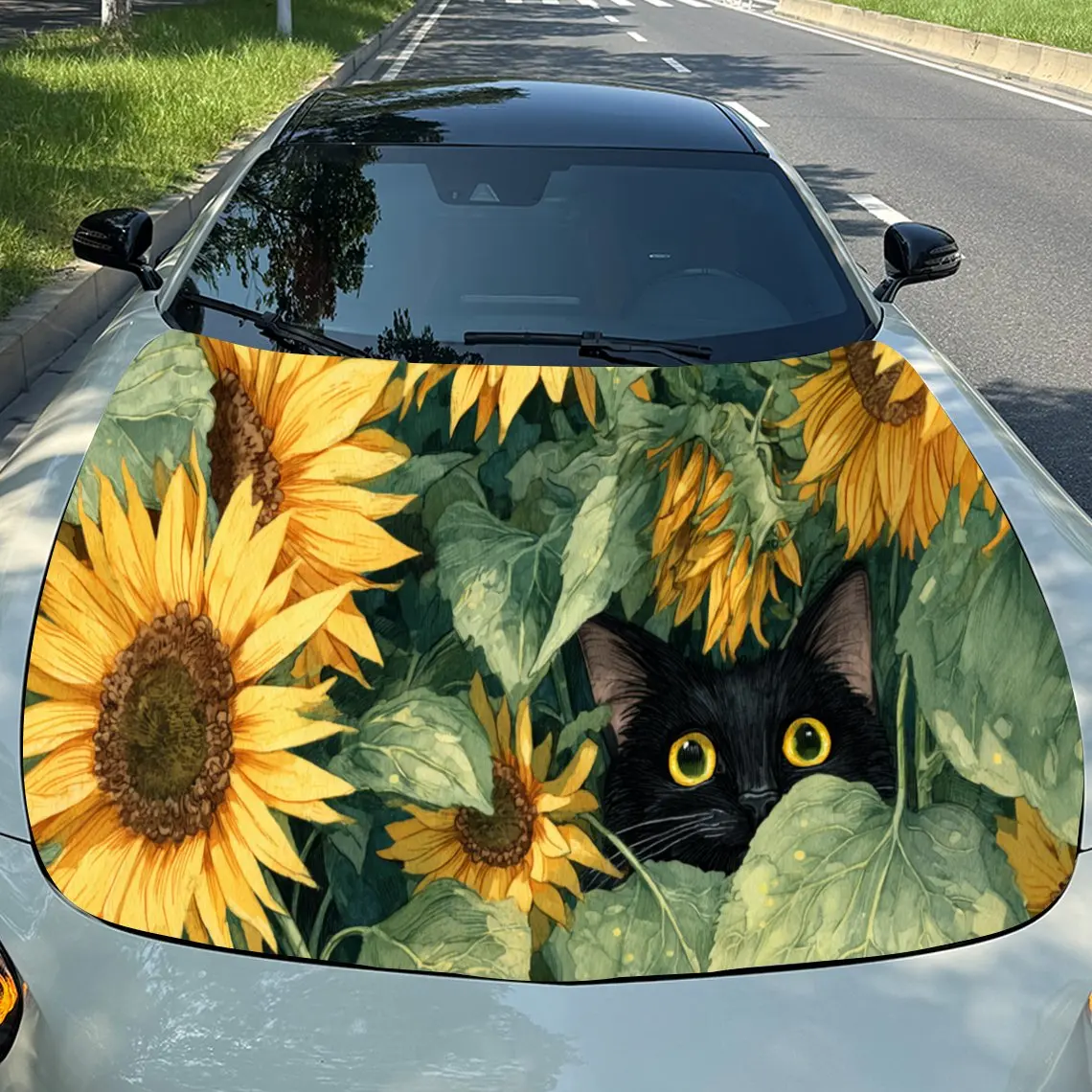 

Наклейки на капот автомобиля с милым подсолнухом и черным котом — самоклеящаяся, водонепроницаемая и прочная виниловая пленка, украшение и защита вашего автомобиля,