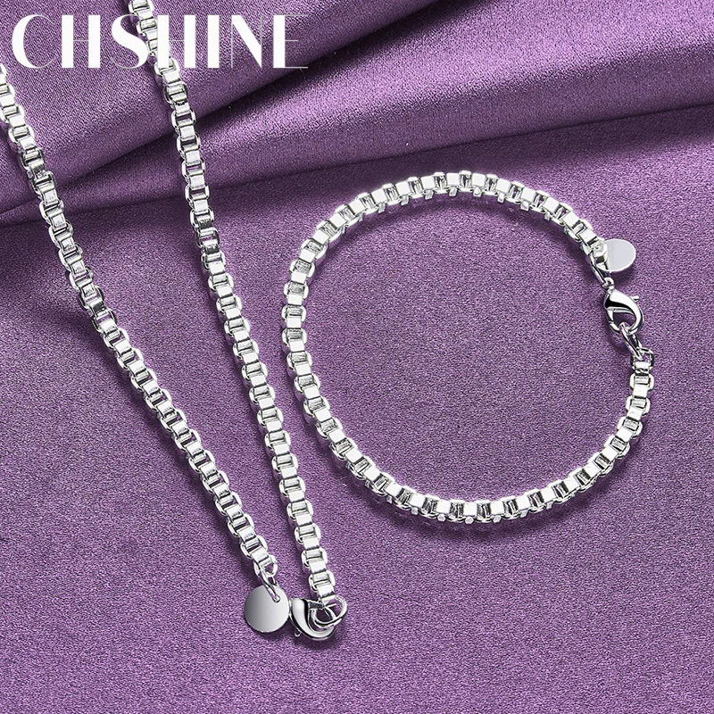 

CHSHINE 925 Sterling Silver 4mm Square Chain Bracelet Necklace Fashion Charm Jewelry Set