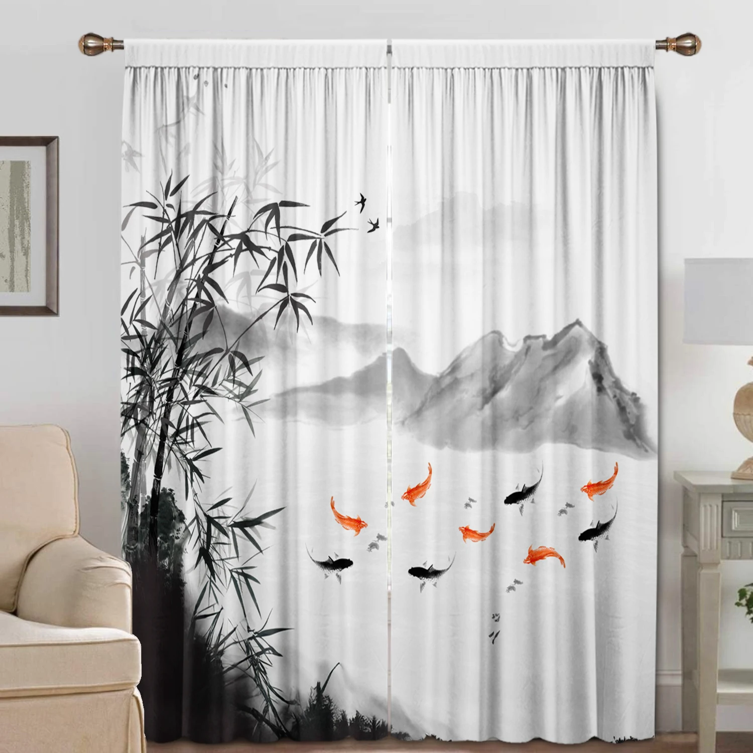 2PC Home Decoration Curtains, Elegant Bamboo Ink Painting With Pole Bag Curtains, Kitchen, Coffee Shop, Living Room, Balcony