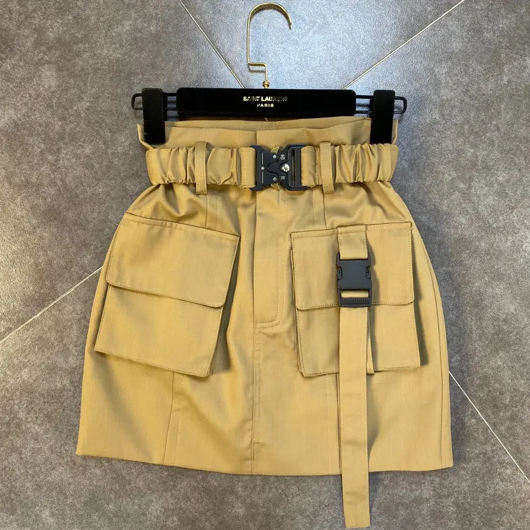 Street Cargo Skirt Elastic Belt Pocket Design High Waist A Line Short Skirt Casual Female Wrap Hip Skirt Streetwear Fashion