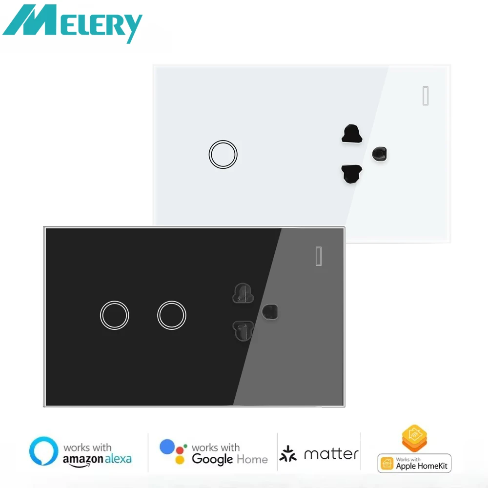 

Melery New Design Matter Smart WiFi Thailand Wall Socket with 1/2gang Light Switch Glass Panel Remote via Homekit Alexa Google