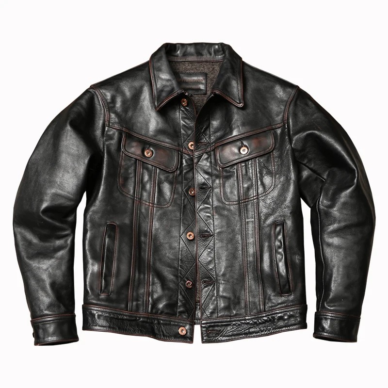 

Black Autumn Leather Jacket Men Retro Vintage Style Plus Size 5XL Genuine Natural Cowhide Single Breasted Leather Coat