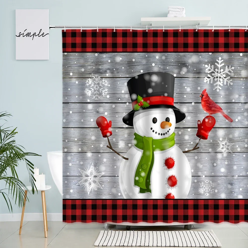 Funny Cartoon Snowman Shower Curtains Red Berries Deer Black White Buffalo Plaid Creative Christmas Bathroom Curtain Home Decor