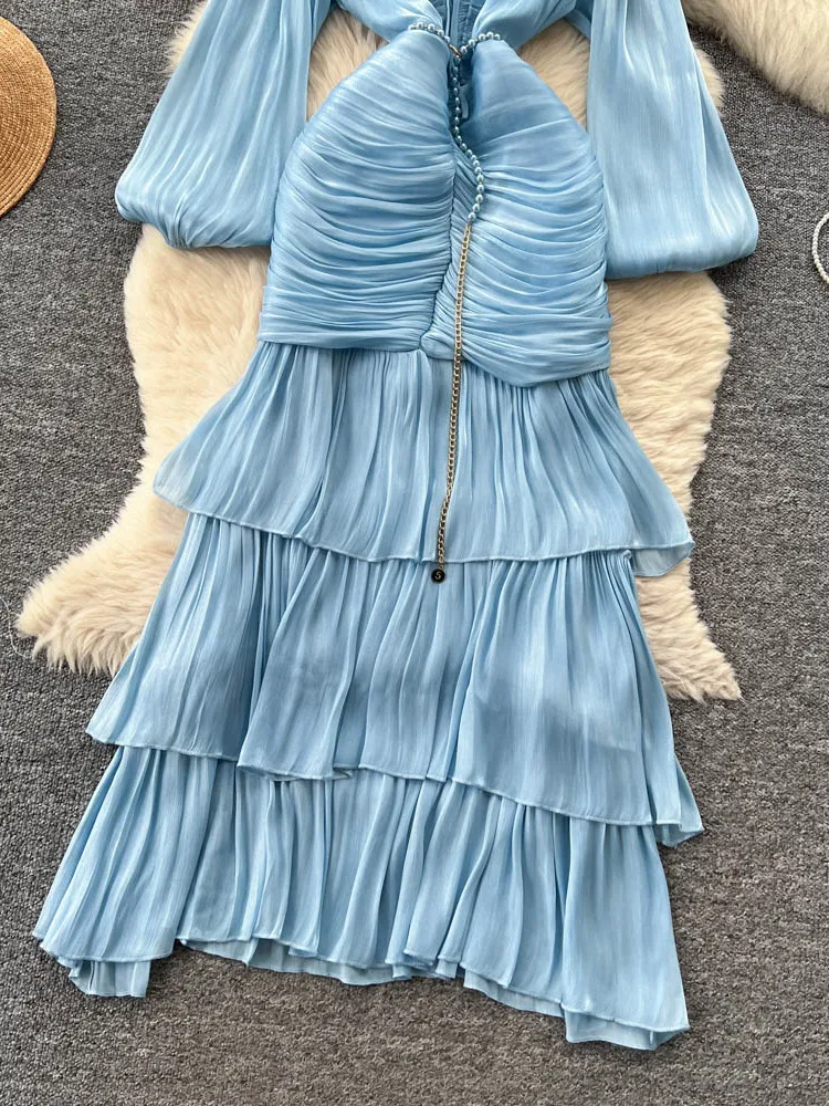 Długa satynowa sukienka damska z falbanami, podkreślająca talię, do pracy, z wysokim stanem, w kształcie litery A, letnia.