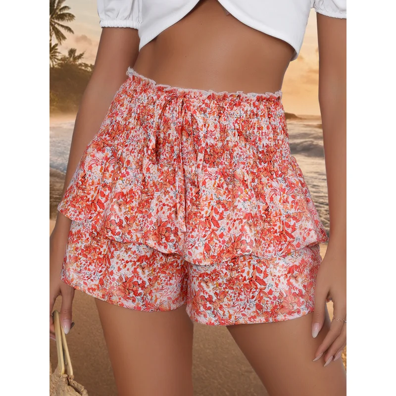 

New European and American Style Small Floral Fashion Women's Wide-Leg Shorts with Draping Effect Versatile Casual Skirt Pants