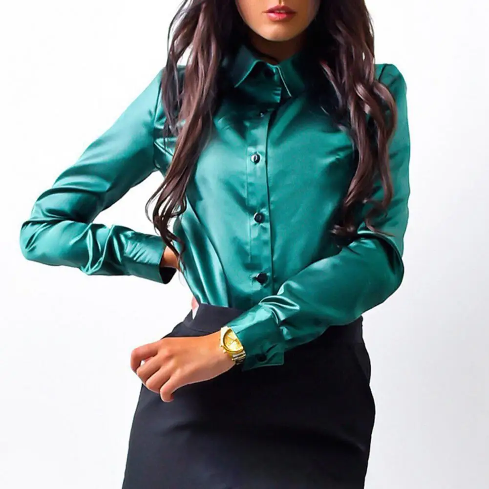 Elegant Women Top Satin Match Pants Smooth Surface Casual Lapel Lady Shirt