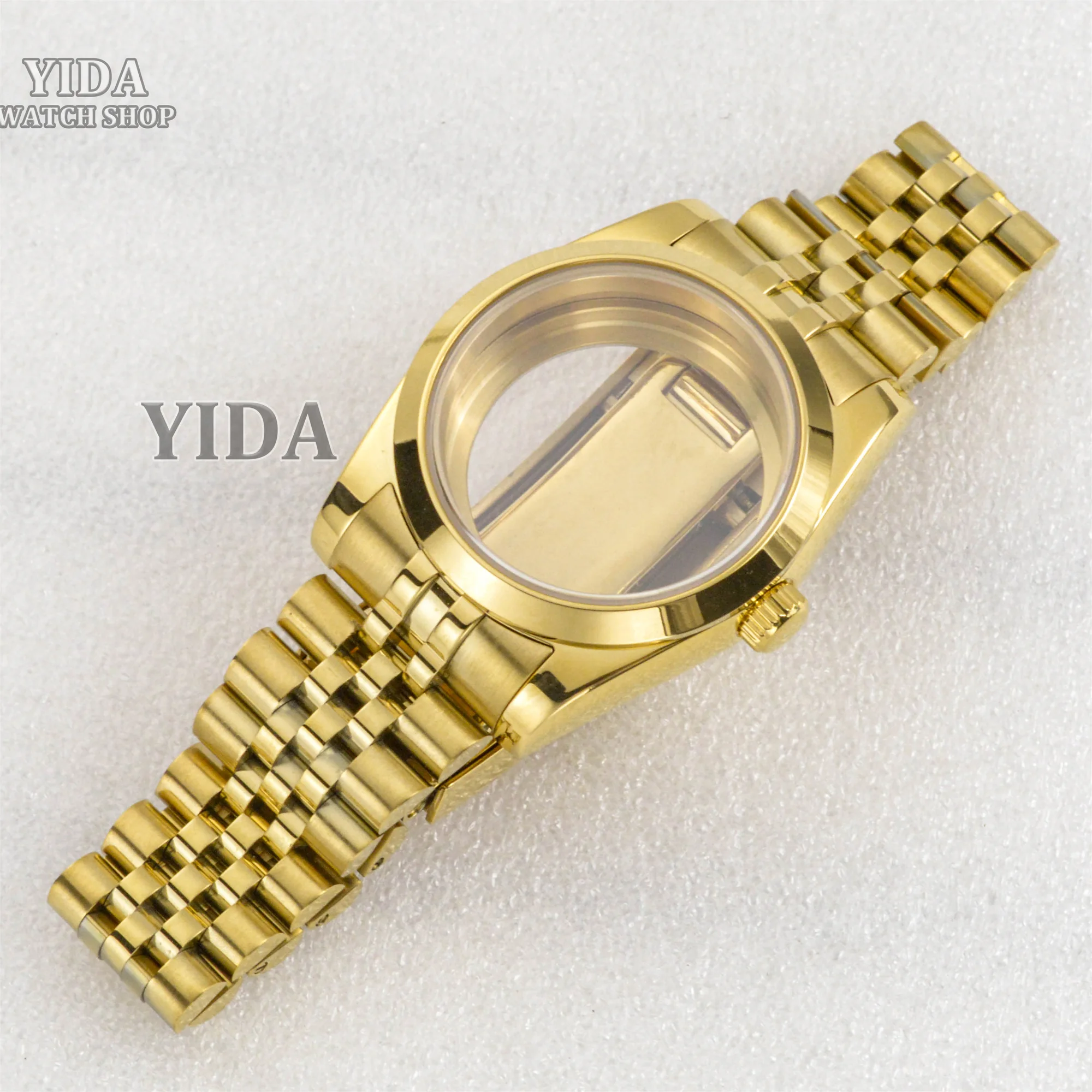 NH35 36/39 مللي متر أجزاء الساعة PVD الذهب حاوية من الفولاذ المقاوم للصدأ حزام 28.5 مللي متر الطلب ل اليوبيل قابل للتعديل NH36 حركة الياقوت الكريستال