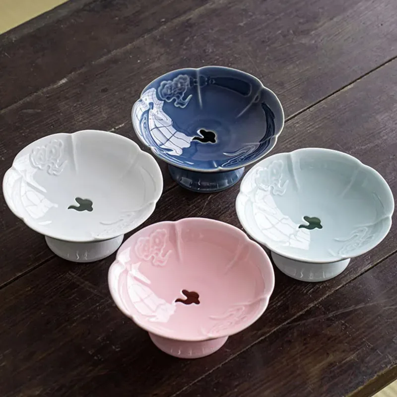 Boutique Chinese Style High Foot Fruit Dish Ceramic Dry Bubble Storage Dried Fruit Tray Household Living Room Coffee Table Tray