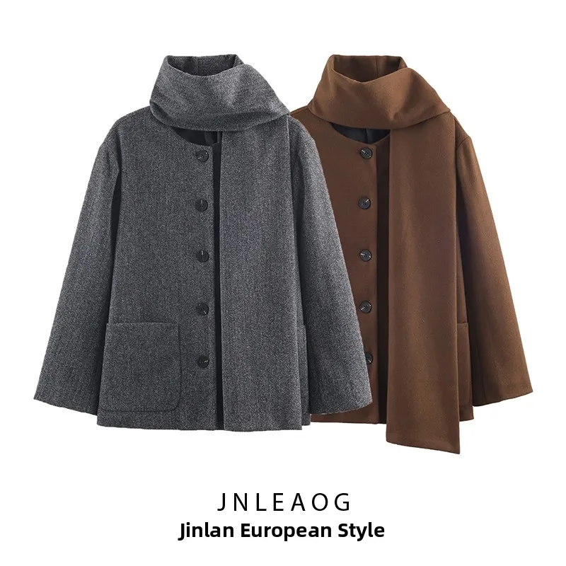 

Faionable Pure Scarf Collar Coat Jaet Women's Autumn New Sle Street Sle Long Sve Polyester Fiber Versatile Outerwear