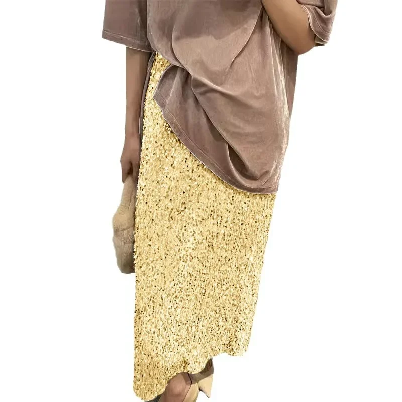 弾性ストレートスカート ハイウエスト 薄い スパンコールスカート 弾性ウエスト バック スプリット 夏 無地