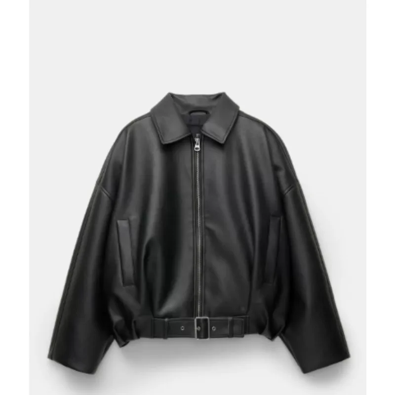 

Leather Jackets Women Casual Long Sleeve Zippers Turn-down Collar Pocket Coats 2025 Autumn Winter Solid Outwears Lady