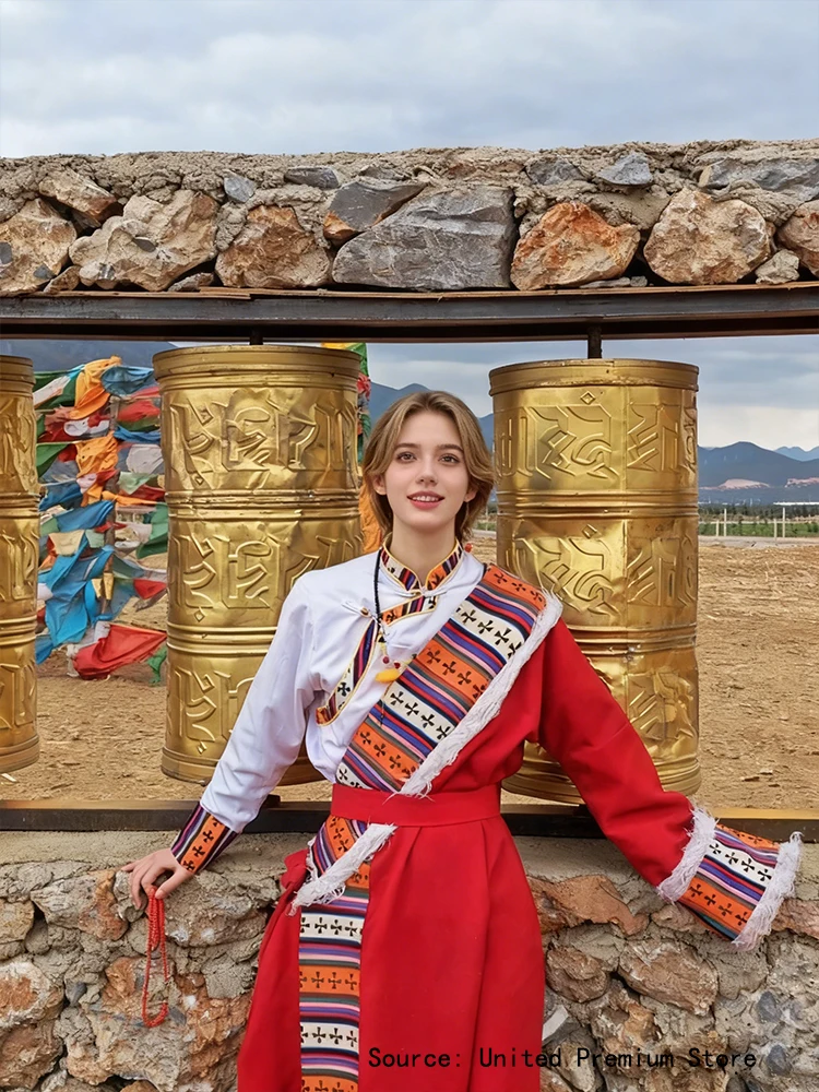 رداء مرجاني تبتي للجنسين شتاء دافئ سميك مخملي كم طويل حفلة الرقص الشعبي له #5