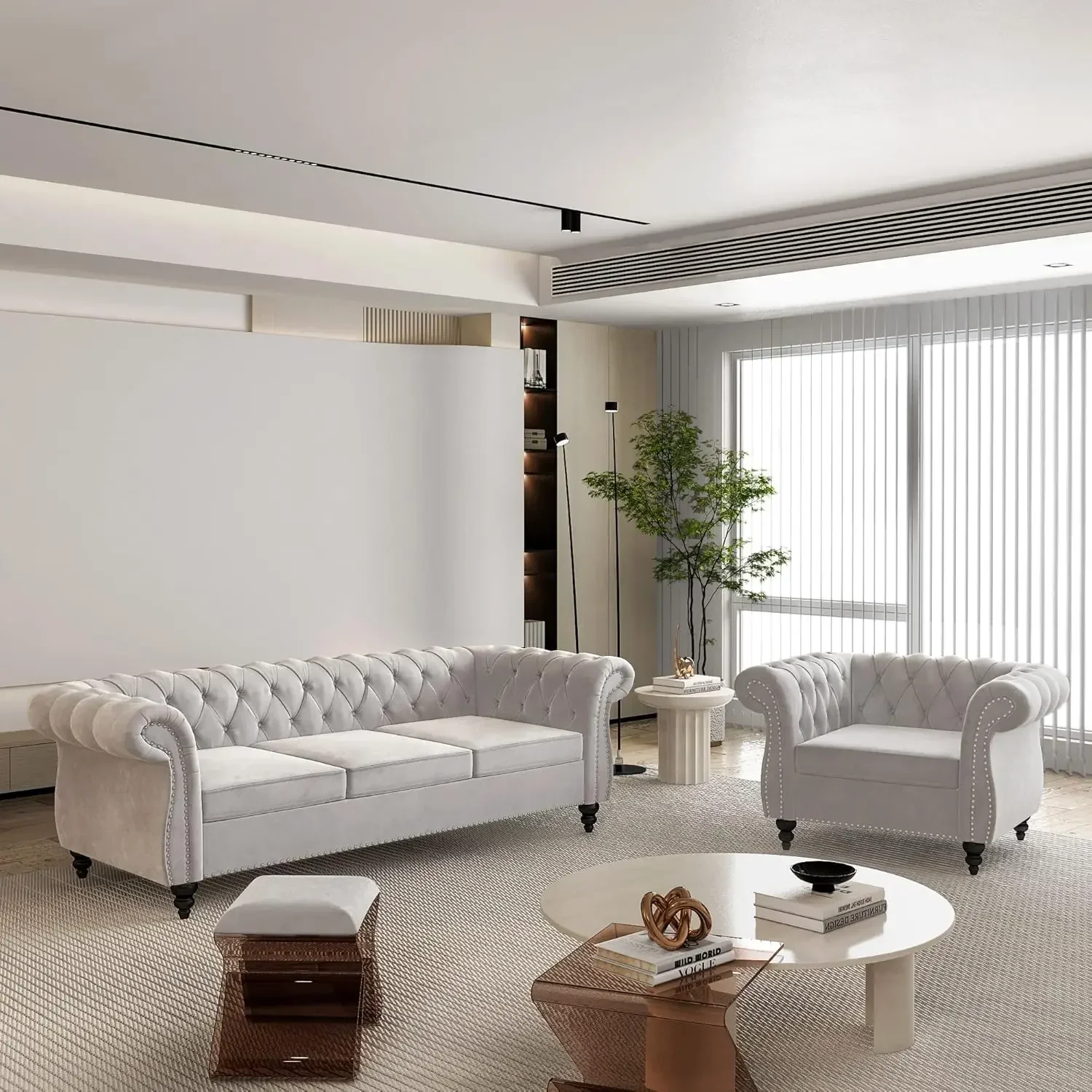 

Набор для гостиной, бархатный диван Честерфилд, диван-кресло с прокрутными подлокотниками и гвоздями для гостиной, офиса