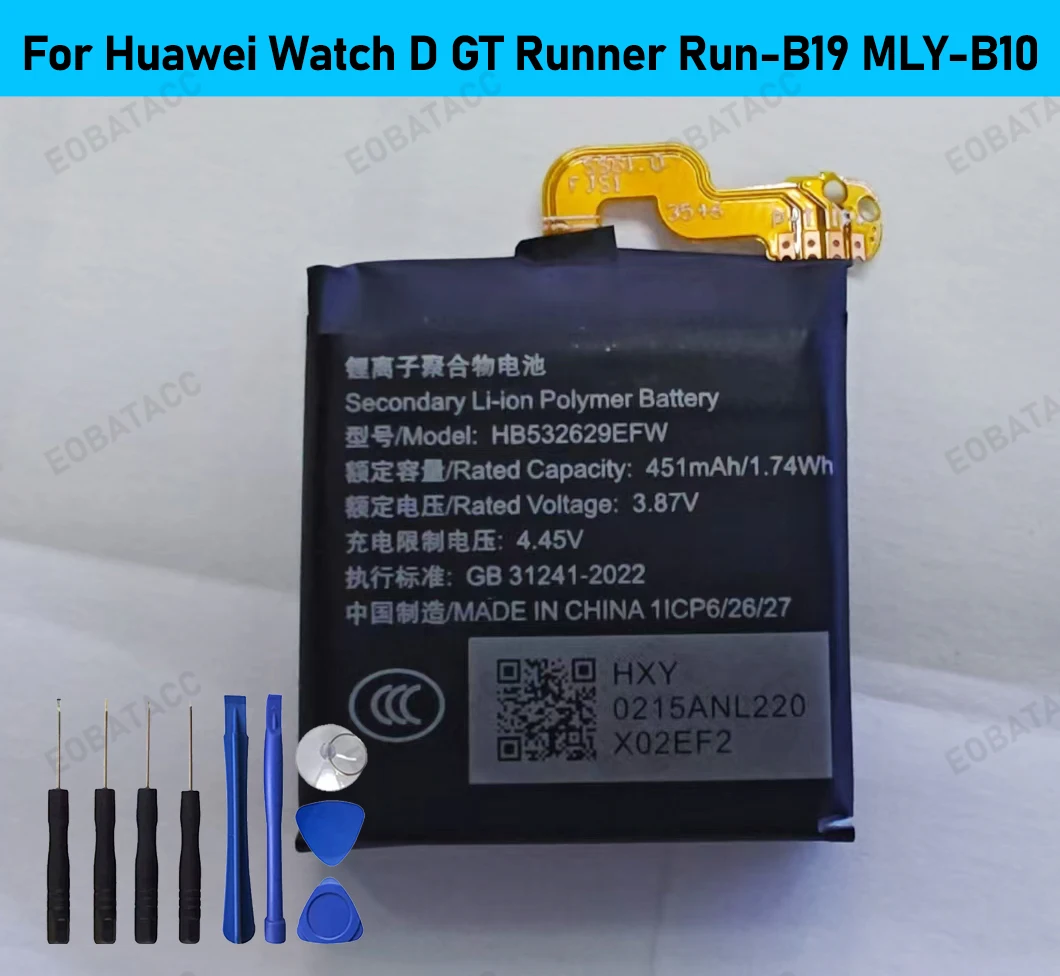 2026 Years EOBATACC 100% New HB532629EFW Battery For Huawei Watch D GT Runner Run-B19 MLY-B10 Battery Bateria +  Free Tools