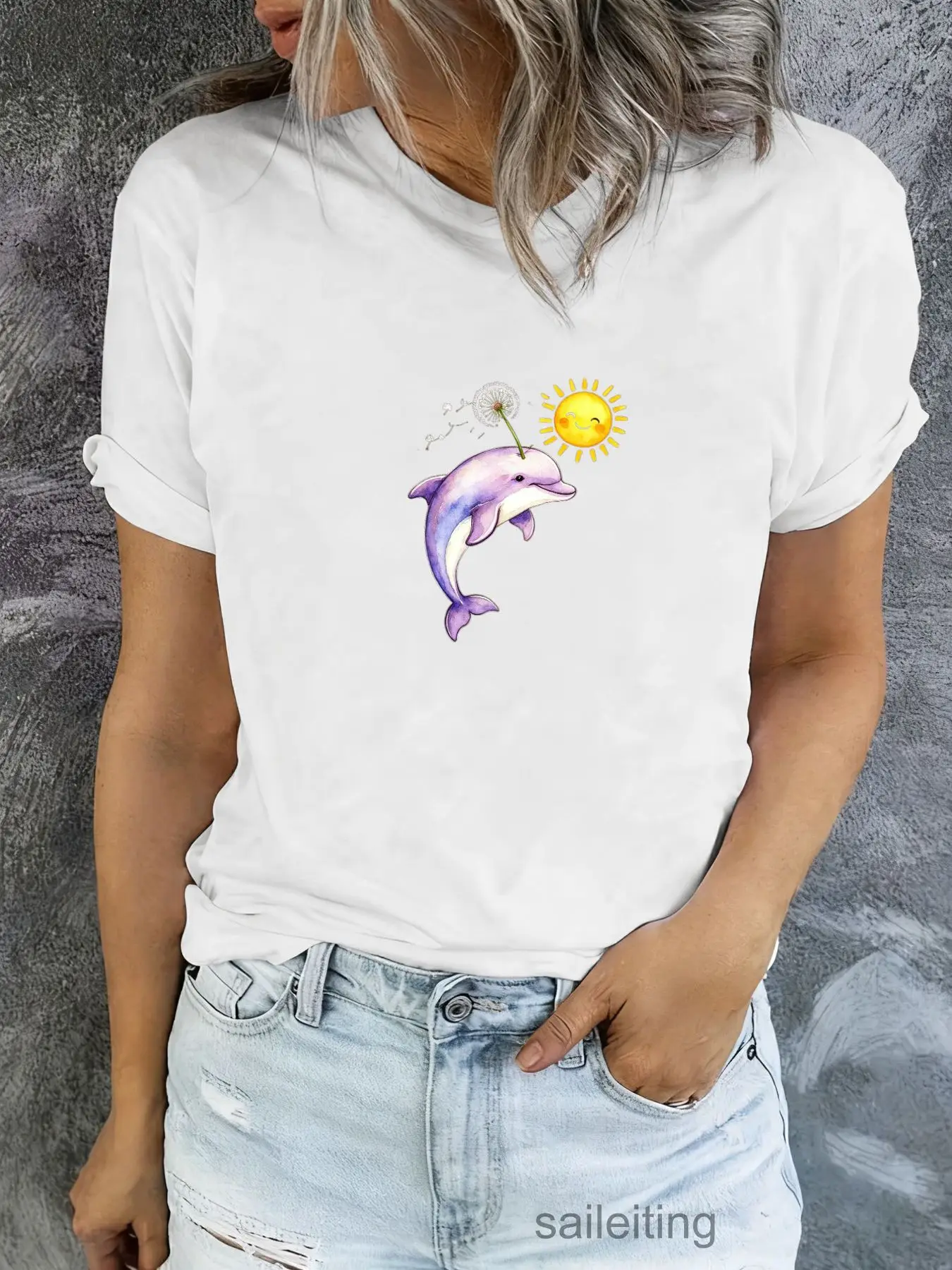 Whimsical Watercolor Purple Dolphin Leaping Sun Dandelion Seeds White Short Sleeve T-Shirt Casual Rolled Sleeves Ripped Jeans