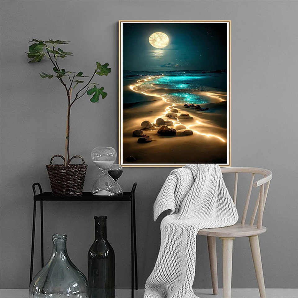 AB Velvet 90 Colors Diamond Painting Seaside Scenery DIY 5D Embroidery Moon Night Landscape Mosaic Cross Stitch HomeDecor