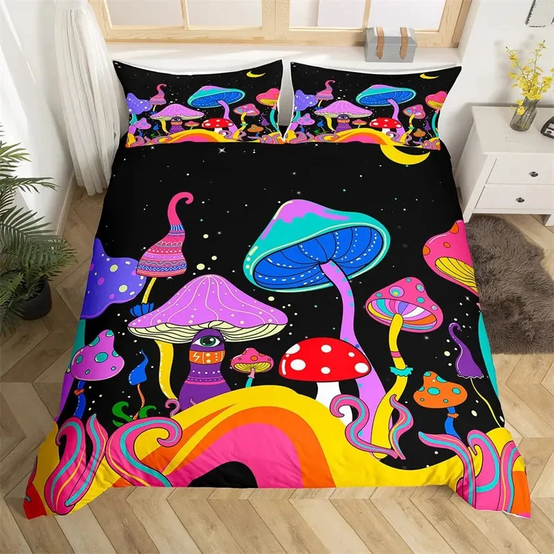 Watercolor Mushroom Duvet Cover Set Wild Forest Various Mushroom Bedding Set Fantastic Landscape Comforter Cover for Kids Adults