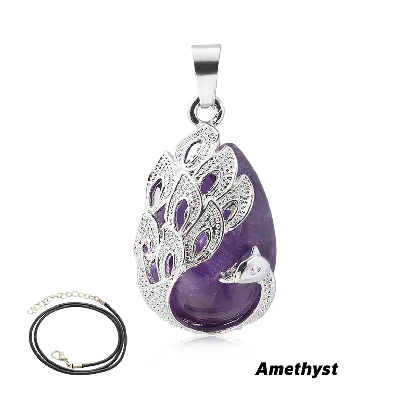Halskette Pfau Anhänger für Frauen Naturstein Anhänger Platin Pfau Tropfen Charm Halsketten Schmuck mit Seil