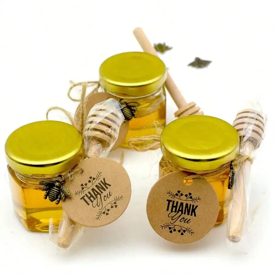 Mini Glass Honey Jars with Wooden Dippers, 1.5 Oz Hexagon Jars, Bee Charms Stickers, for Baby Shower Wedding Party Favors