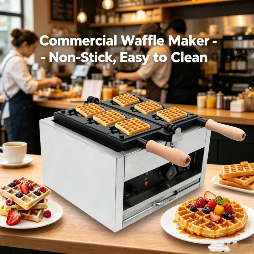 

3-Piece Commercial Waffle Maker 110V 1400W – Double-Sided Heating & Adjustable Temp 122-572°F Non-Stick Honeycomb Molds Stainless Steel for Home/Cafe/Restaurant Use