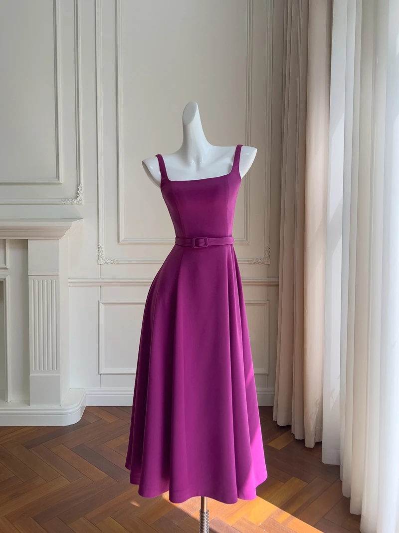 엘리 퍼플 슬링 드레스, 고급스러운 느낌의 여성용 드레스, 2024년 여름 신상품, D - 플라이 하이웨이스트 A라인 드레스...