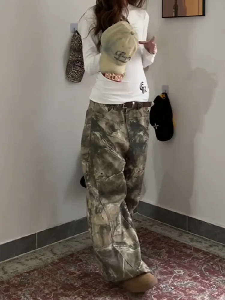 American Style Camouflage Knife  Jeans Women's Spring Summer Loose Wide Leg Pants High Waist Zipper Decorative Stitching