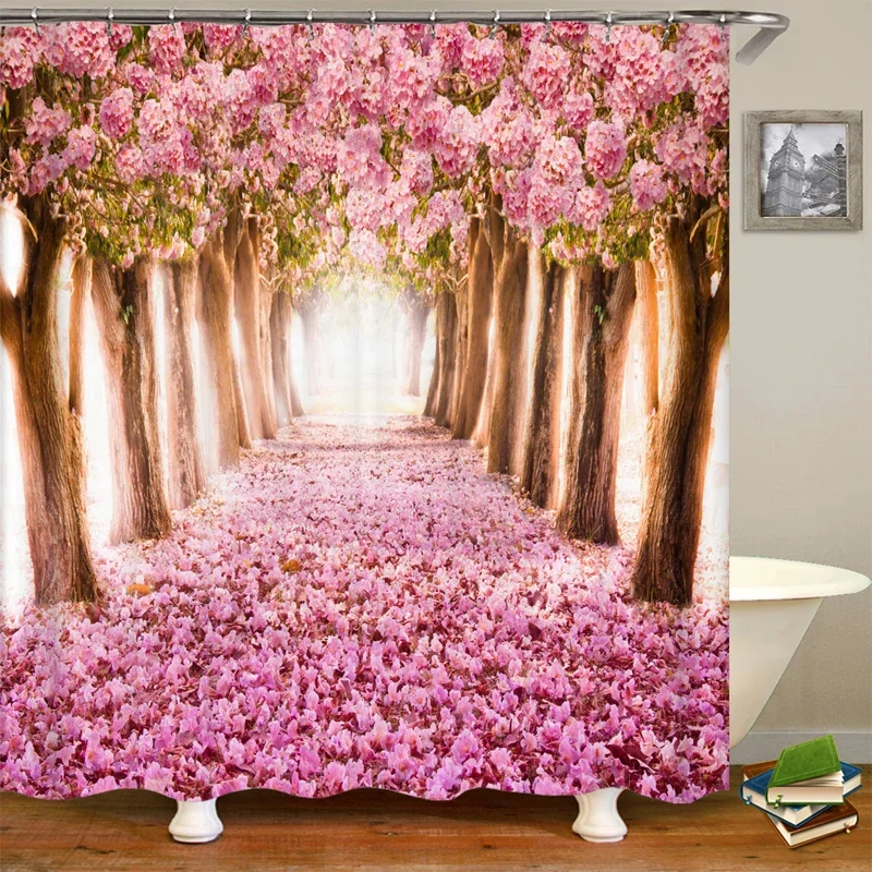 Pink Castle Shower Curtain for Kids, Spring Flower, Park, Forest, Road Landscape, Scenic Bathroom, Decor Set with Hooks