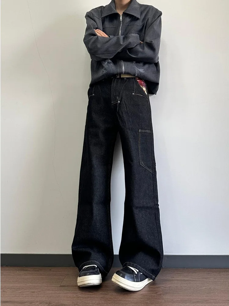 

American Sle Casual Embroidered Original Bla Jeans Men Loose Straight Leg Multket Jeans Trendy Straight Leg Jeans