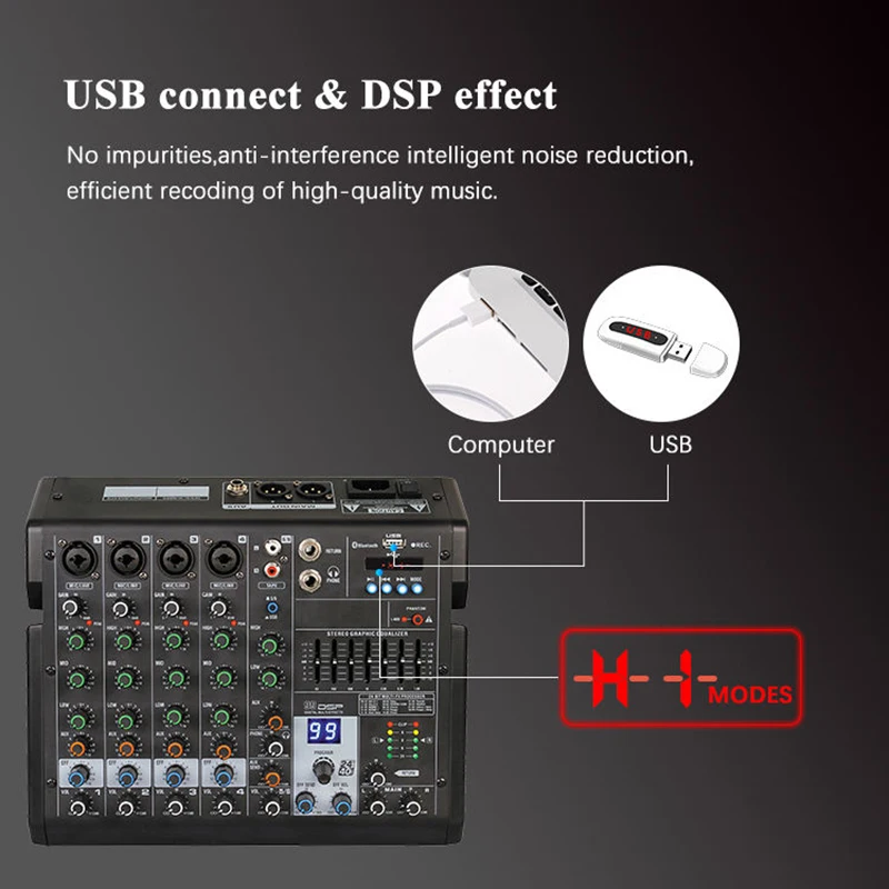 EIF-TD6 전문 DJ 6 채널 오디오 믹서 MP3 플레이어, 녹음 및 블루투스 기능, 48V 팬텀 파워 휴대용 오디오