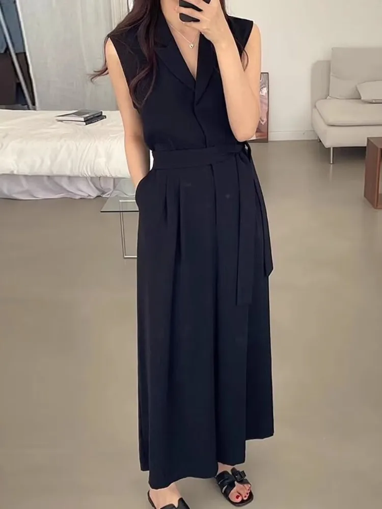 High End Black Suit Collar Jumpsuit For Women\'S Summer, New Lace Up Waist Slimming, Sleeveless Wide Leg Jumpsuit