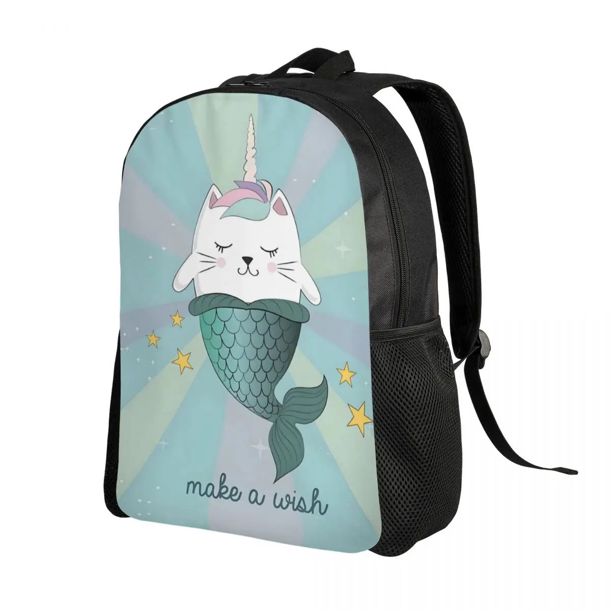 Personalized Cute Unicorn Mermaid Cat Panel Blue Backpacks Men Women Casual Bookbag for School College Bags