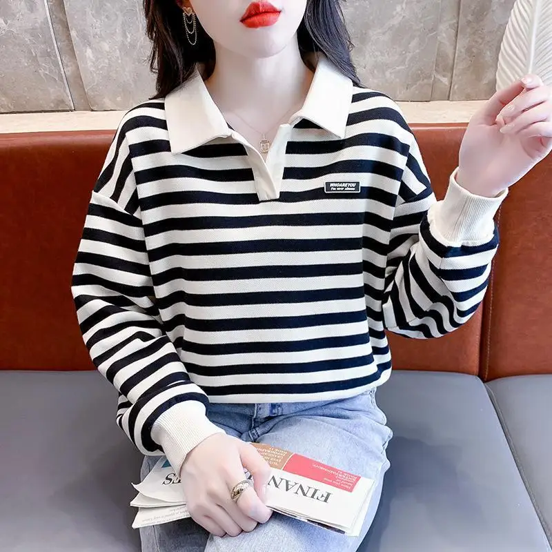 Spring and Autumn Women\'s Polo Neck Long Sleeves Loose Pullovers Striped Epaulet Fashion Casual All Match Commute Tops