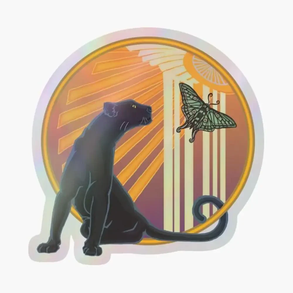 

Обычная голографическая наклейка в стиле ар-деко Jaguar для декора ноутбука, спальни, автомобиля, милый мультяшный арт, модный общественный чемодан