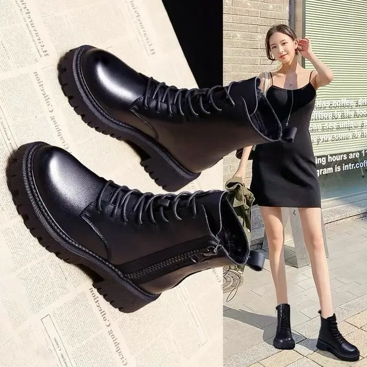 Autumn new mid length Boots Black anti slip trendy Footwear  Fashion laceup boots Ladies thick heeled casual shoes Botas Zapatos