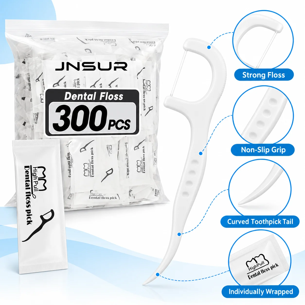 JNSUR Individually Wrapped Dental Floss Picks 300/600Pcs Portable Hygienic Flosser Toothpicks Strong Thin Floss Interdental Oral