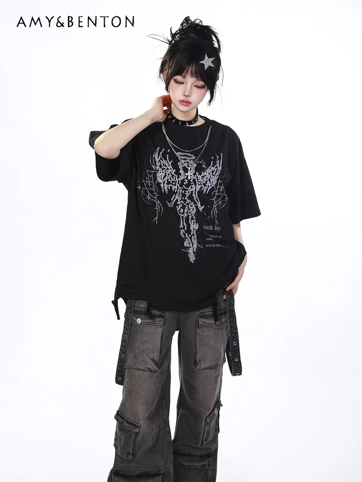

American style retro dark hole printing women's short-sleeved T-shirt loose and thin casual creative top