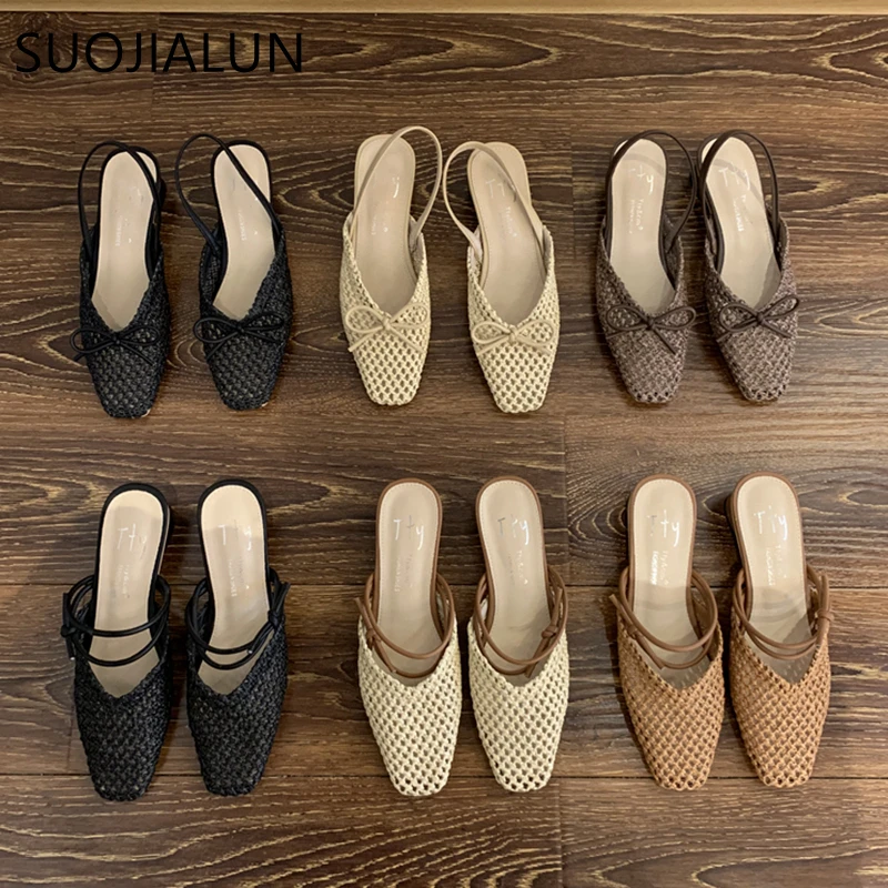 SUOJIALUN Summer New Women Slip On Mules Shoes Fashion Cane Weave Ladies Sandal Shoes Square Low Heel Outdoor Casual Slipper