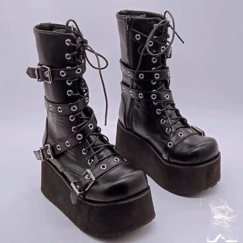 

2024 New Punk Style Women's Boots Wedges Platform Boots Metal Buckle Mid-calf Boots 6CM Shoes Woman Gothic Ankle Boot Size 43