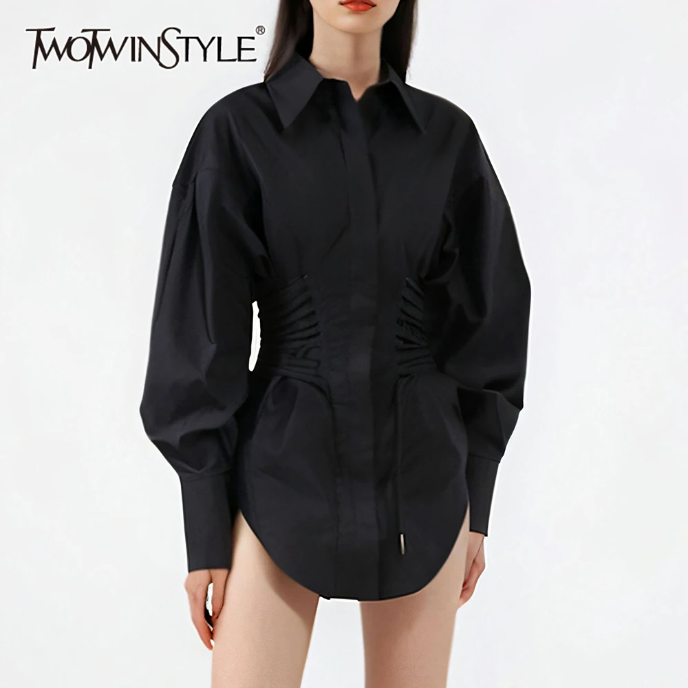 TWOTWINSTYLE Waist Strap Shirt For Women  Fashion Women's Niche Design Solid Color Long Sleeve Shirt Top Female Autumn Fashion