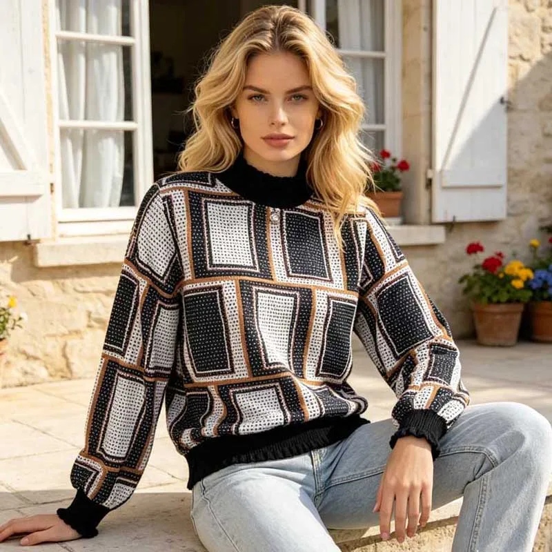 Spring Autumn Plaid Printed Women Blouse Stand Collar Loose Fashion Shirt Long Sleeve Casual Simple Office Elegant Vintage Tops