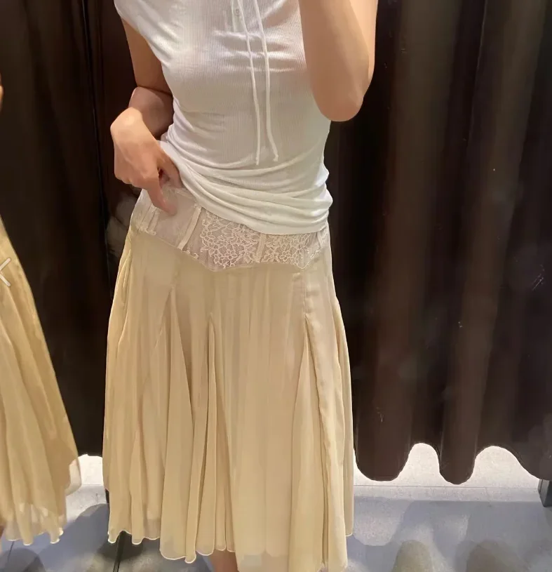 Women's Lace Patchwork Pleated Skirt Female Mid-waist Mesh Double-layer Puffy  Skirt Y2K Summer Daily Casual Versatile Bottoms