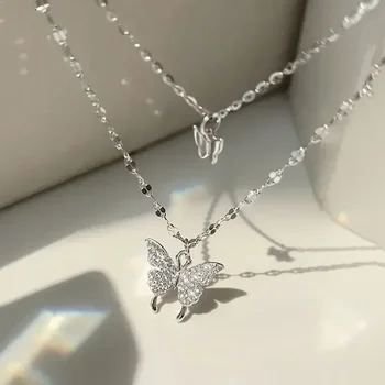 Double Layer Butterfly Necklace for Women, Lats Sparkling Collar Chain, Exquisite…