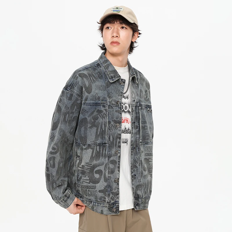 Hip-hop fashion design denim coat for men 2024 autumn retro washed Street printing loose fashion casual Y2K clothes