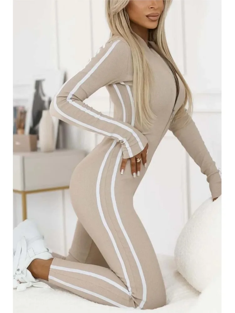 Fashion V-neck Long Sleeve Stripe Bodycon Jumpsuits 2025 Woman Autumn Winter Solid Sport Zipper Slim Jumpsuits For Women