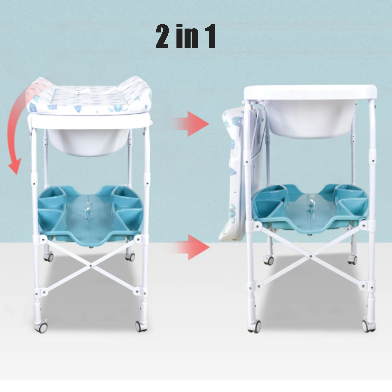 2 in 1 Baby Diaper Changing Table With Wheels, Nursery Station & Bathtub & Bath Bed, 2 Color For Available